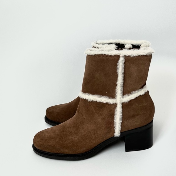 BROWN SUEDE LEATHER SHEARLING SHORT BOOTS by Markon Zipped with Heel Size- 9 1/2 - Picture 4 of 13